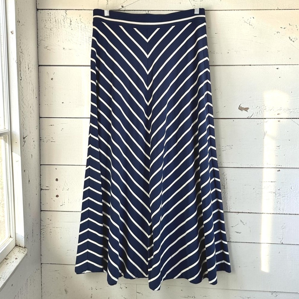 Maxi Skirt Lands End M 10-12 Navy White Rayon Spandex Chevron Striped